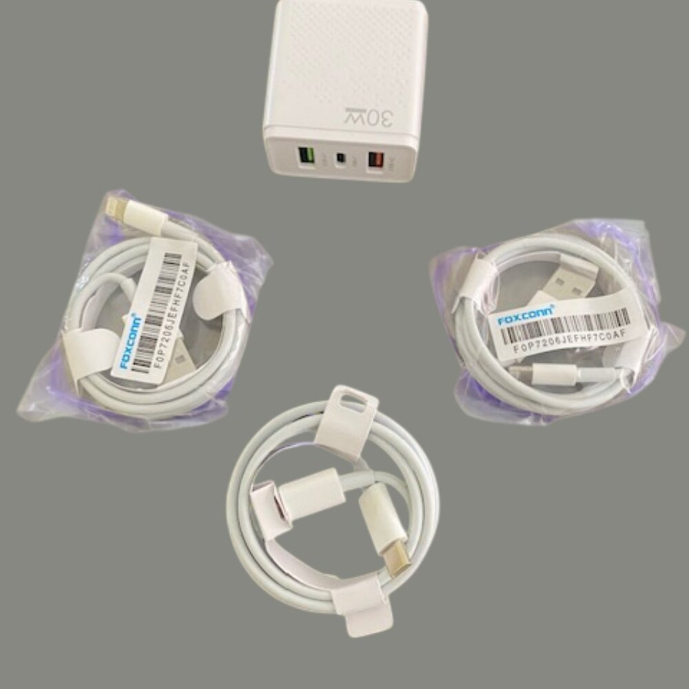 30W Multi-Port Charger for iPhone - Type C & 2 USB A Outputs,  and 3 Cables 3'